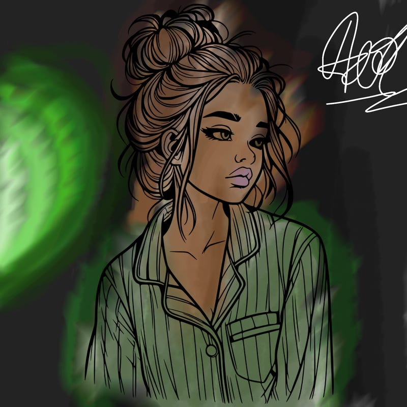 realistic woman with pajamas on and a messy bun