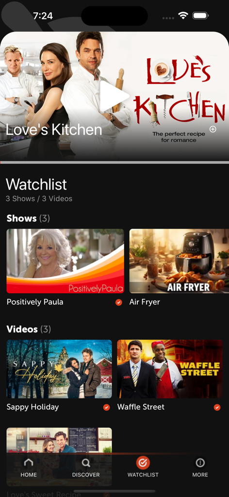 Pantalla de lista de seguimiento de la aplicación iFood tv que muestra programas de cocina guardados y contenido de video relacionado con la comida