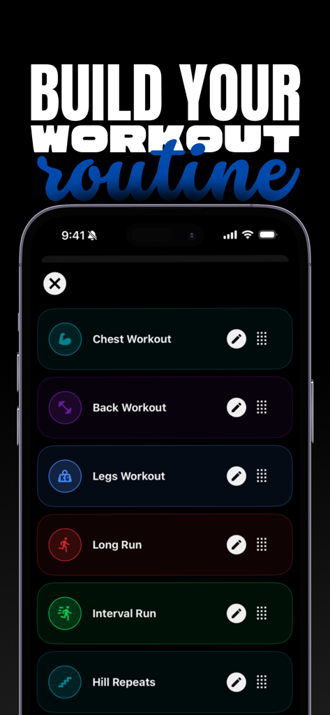 Fitfolio アプリのインターフェースで、胸、背中、ランニングのルーチンなど、カスタマイズ可能なワークアウトのリストが表示されます。
