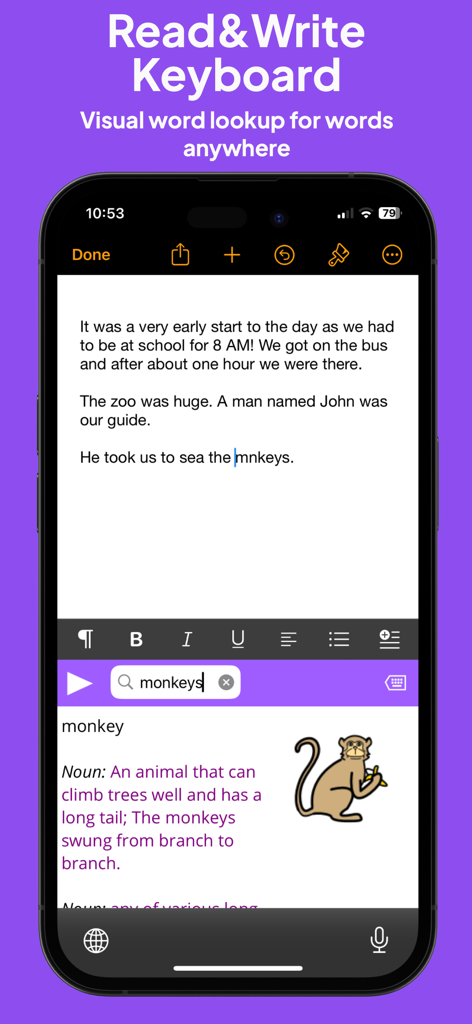 Extensión de teclado Read and Write que muestra la definición del diccionario de imágenes para la palabra mono.