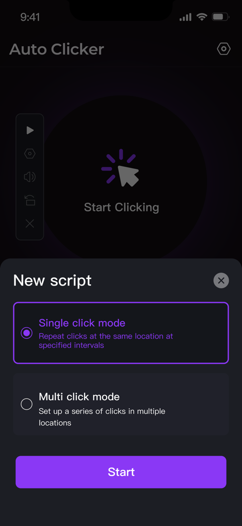 Interfaz de la aplicación Auto Clicker que muestra la selección de modo de clic único y múltiple
