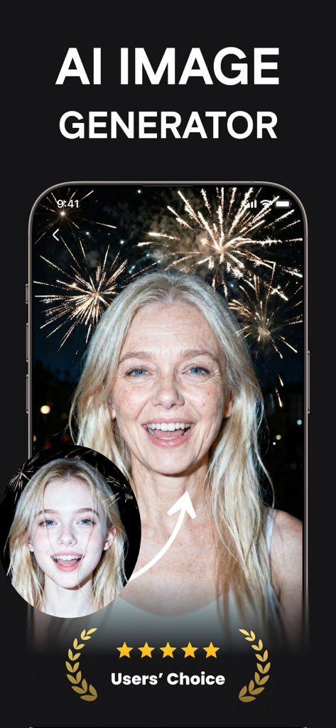 Mysticat-AI Photo Studio - Mysticat AI年齢変化機能を示し、若い女性と年配の女性のバージョンが表示されたスマートフォンの画面。