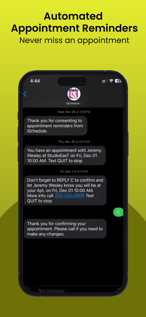 A smartphone screen displaying a text message conversation for automated salon appointment reminders and confirmations.