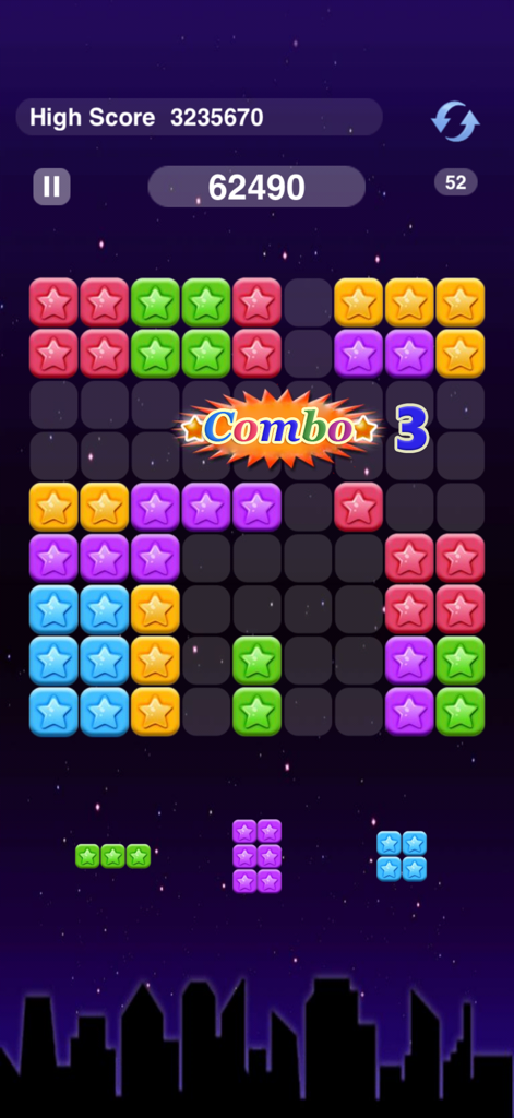 Pop Star - Block Star - Mobile puzzle game screen of Pop Star Block Star with colorful blocks and combo message