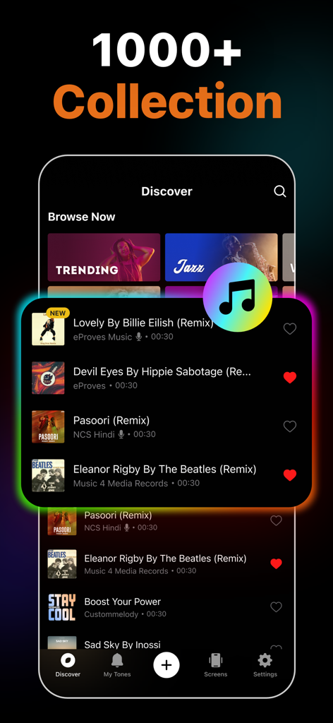 Ringtone Maker Garage app discover screen showing a collection of trending song remixes for custom iPhone ringtones.