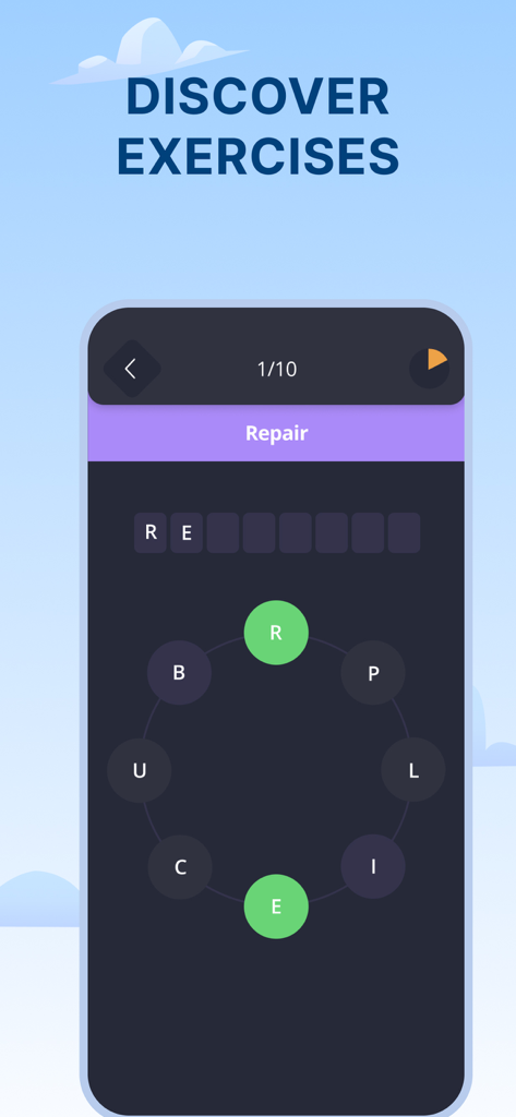 Interactive French word spelling game exercise in 2Shine app