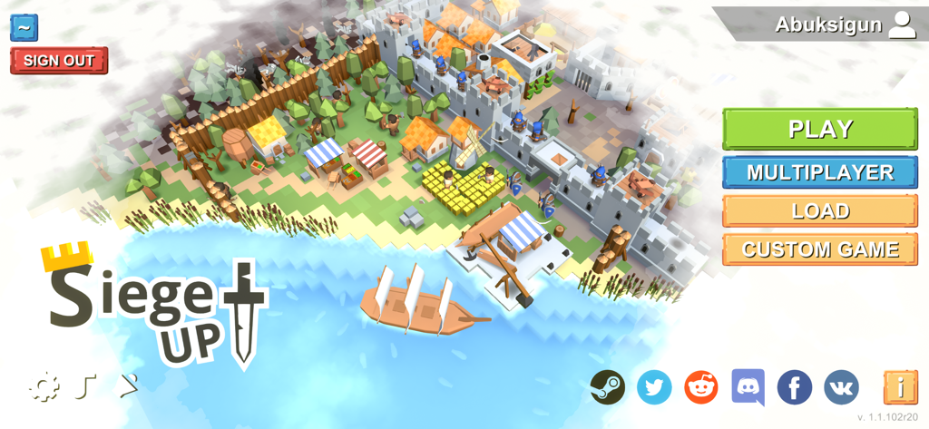 RTS Siege Up! - Main menu of RTS Siege Up showing a low poly medieval village with a castle wall and sea port