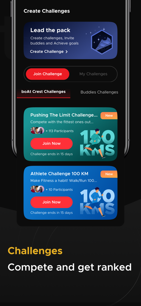 boAt Crest - 사용자가 경쟁하고 진행 상황을 추적할 수 있는 피트니스 챌린지 및 리더보드를 표시하는 boAt Crest 앱 인터페이스