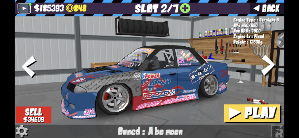 A blue drift car with many decals in the FR Legends garage customization menu showing performance stats and engine specs