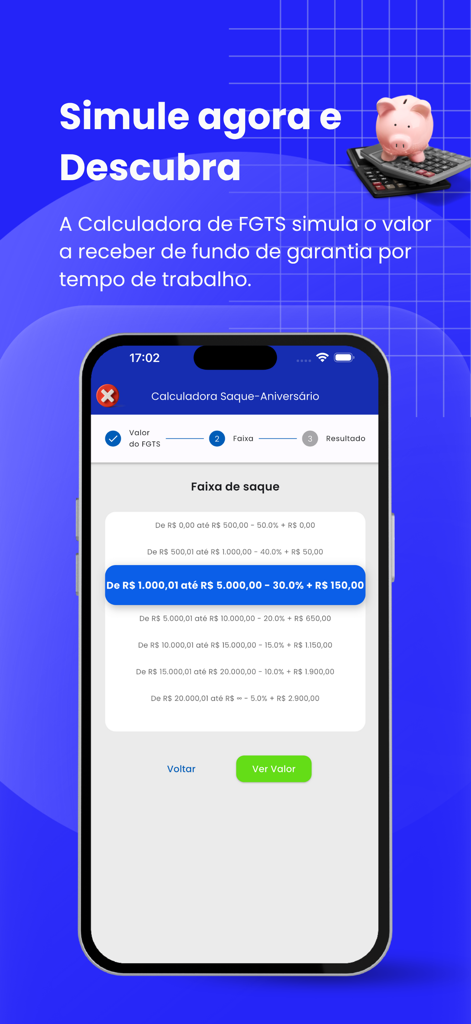 Meu FGTS | Consulta Saque 2026 - Interfaz de la aplicación Meu FGTS que muestra la calculadora de retiro de cumpleaños con diferentes rangos de valor