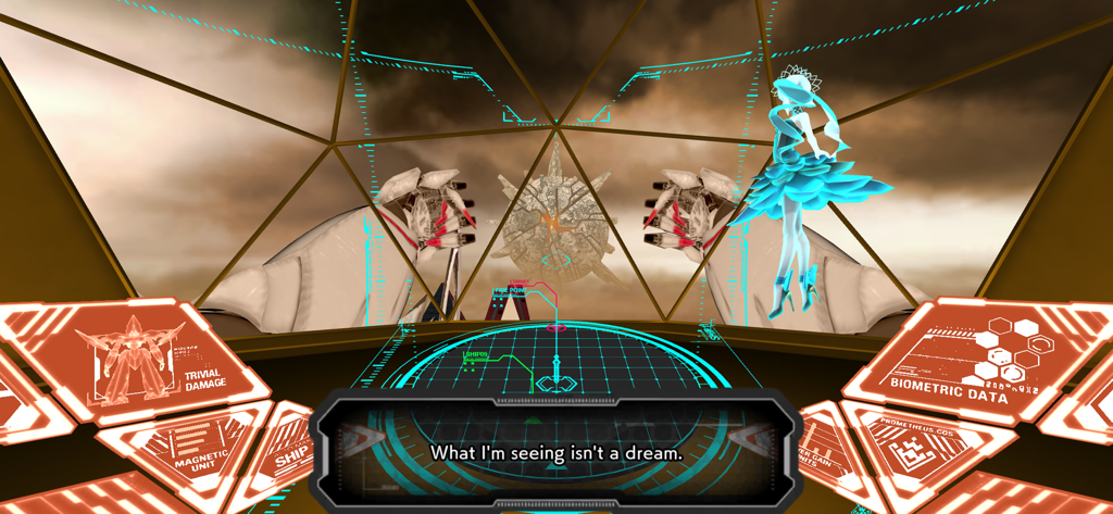 ALTDEUS: Beyond Chronos - First person cockpit HUD view from ALTDEUS Beyond Chronos with anime character Noa and mecha hands in the background