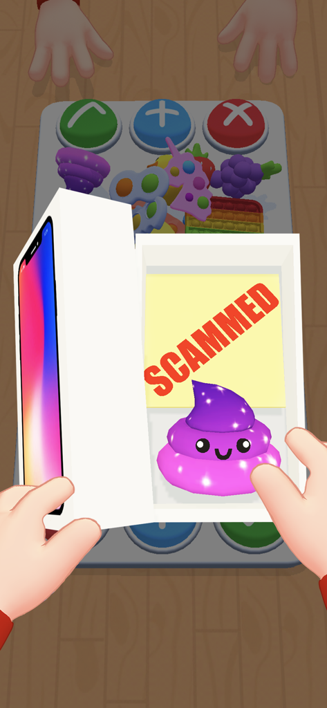 A gameplay screenshot of Fidget Toys Trading showing a scam outcome with a poop fidget toy and a scammed note.