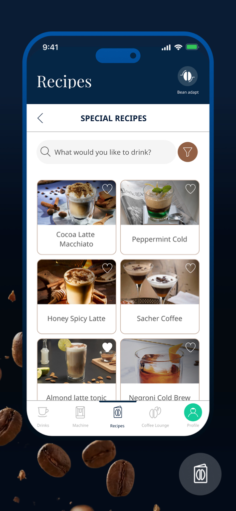 De'Longhi COFFEE LINK - DeLonghi COFFEE LINK App-Oberfläche mit einem Menü spezieller Kaffeerezepte wie Cocoa Latte Macchiato und Peppermint Cold