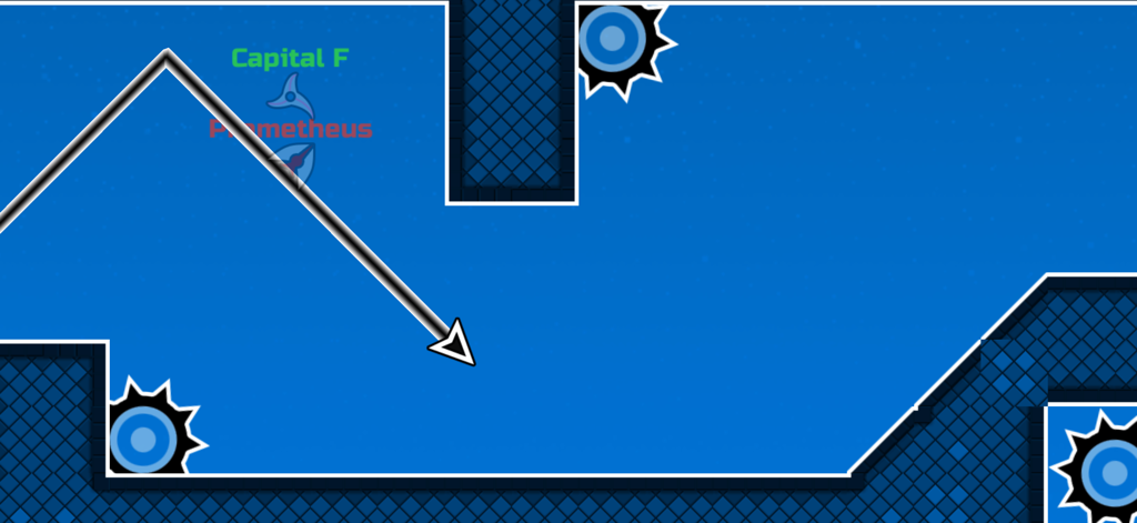 Una flecha blanca corre a través de un circuito de obstáculos geométrico azul en Space Waves