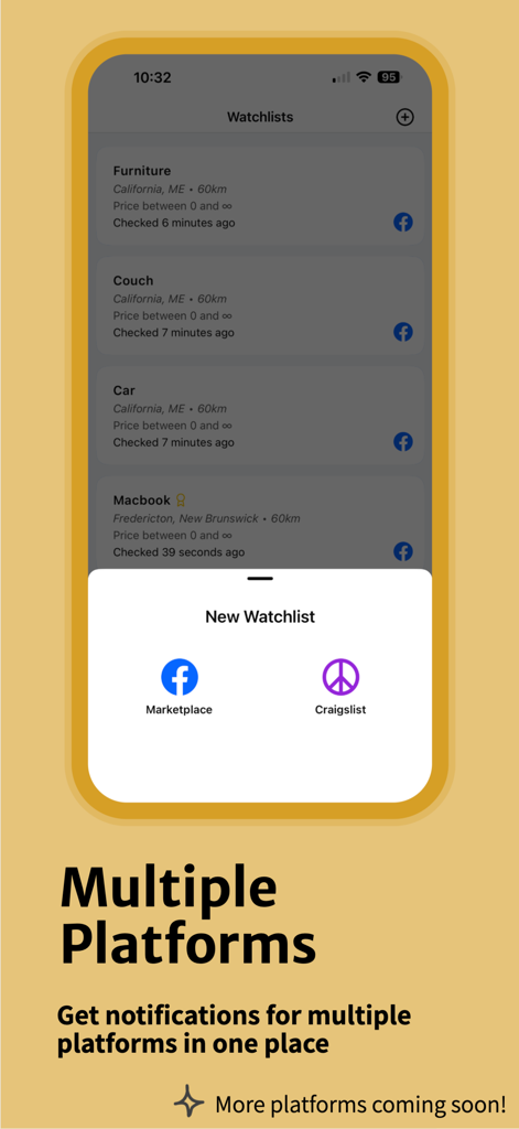 Interface de l'application Flipify montrant les alertes de Facebook Marketplace et Craigslist au même endroit