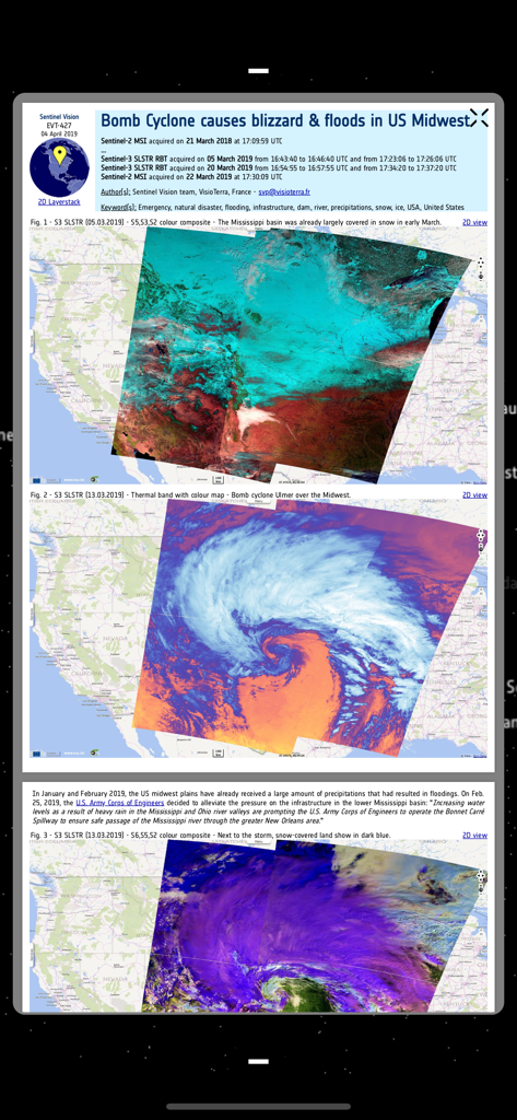 Copernicus Sentinel - Satellite imagery report of a bomb cyclone over the US Midwest in the Copernicus Sentinel app