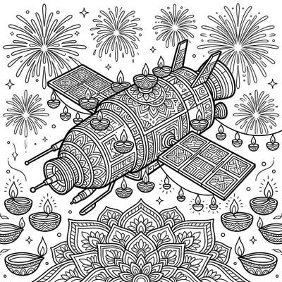 Experience Diwali in a truly unique way with this intricate coloring page featuring a space probe adorned for the festival of lights. Discover a creative blend of cosmic exploration and traditional celebration ready for your artistic touch.