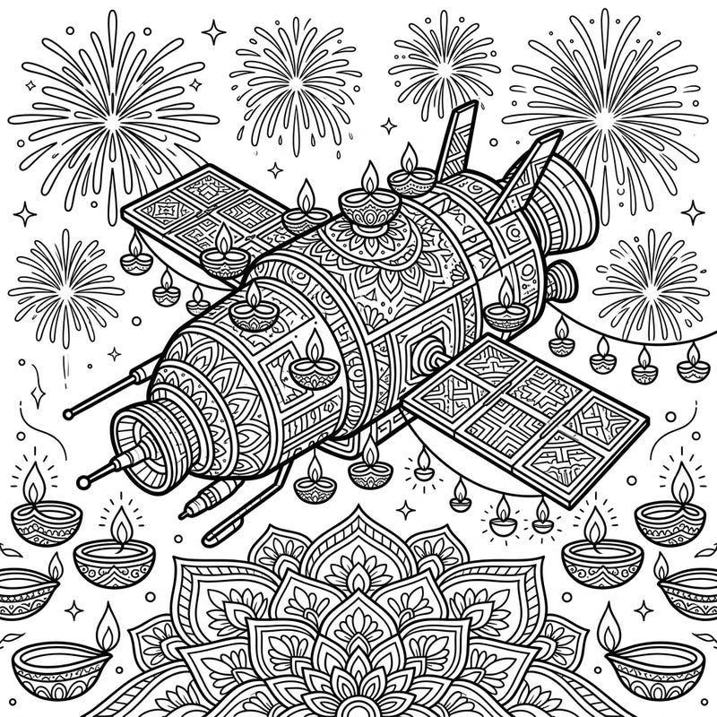 Experience Diwali in a truly unique way with this intricate coloring page featuring a space probe adorned for the festival of lights. Discover a creative blend of cosmic exploration and traditional celebration ready for your artistic touch.