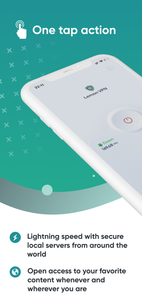 Lemon VPN - Lemon VPN mobile interface showing one tap action for fast and secure connection