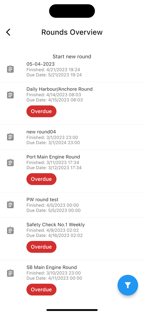 IDEA YACHT - IDEA YACHT mobile app screen showing a list of maintenance and safety rounds with overdue status indicators