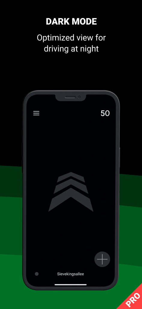 Capture d'écran de l'application Blitzer.de PRO montrant l'interface en mode sombre optimisée pour la conduite de nuit avec affichage des limites de vitesse