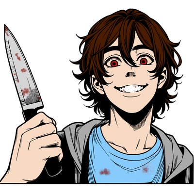 teenage realistic guy with long ish hair holding a knife and has a big grin
