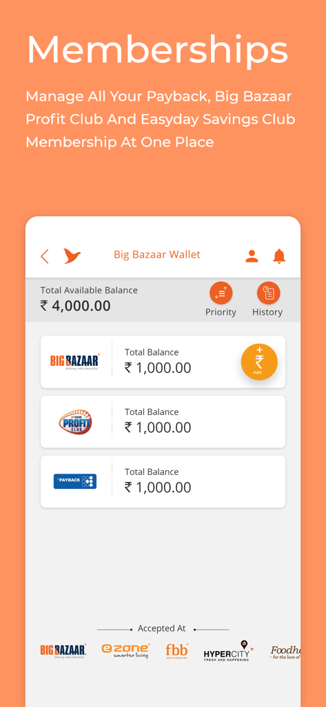 Future Pay - Future Pay app screen for managing shopping memberships and digital wallet balances