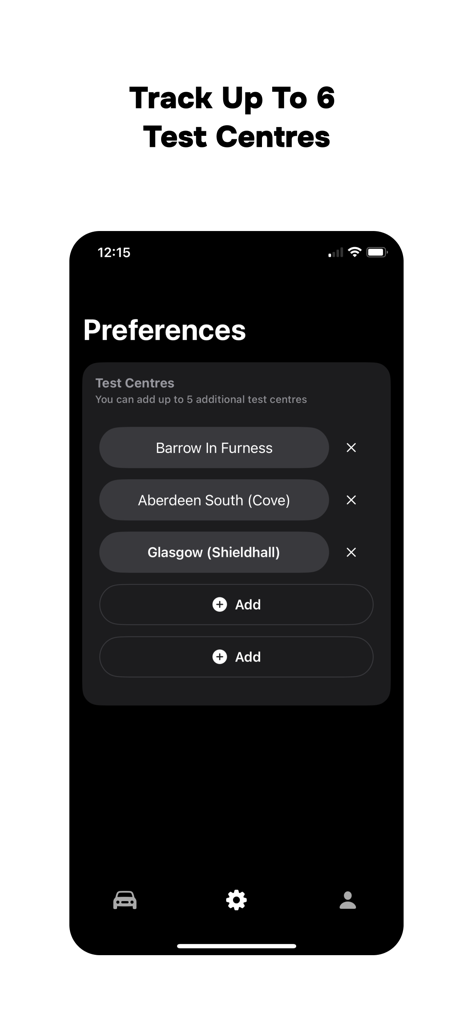 Interface of Beep app showing the selection of up to six UK driving test centres to track for cancellations.