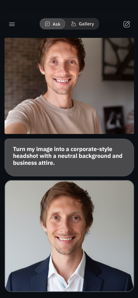A before and after comparison of a casual selfie transformed into a professional corporate headshot using Gimin AI