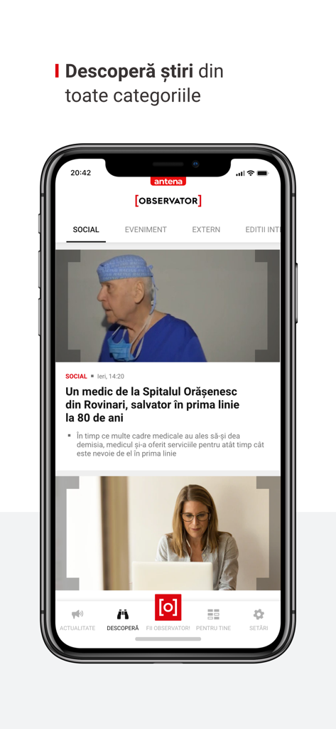Interfaz de iPhone de la aplicación Observator News que muestra artículos de noticias en rumano en la sección de descubrimiento