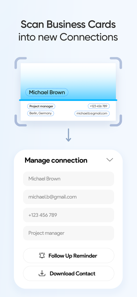 Tapni - Digital Business Card - Función de la aplicación Tapni mostrando una tarjeta de presentación física escaneada en una conexión digital con opciones de seguimiento