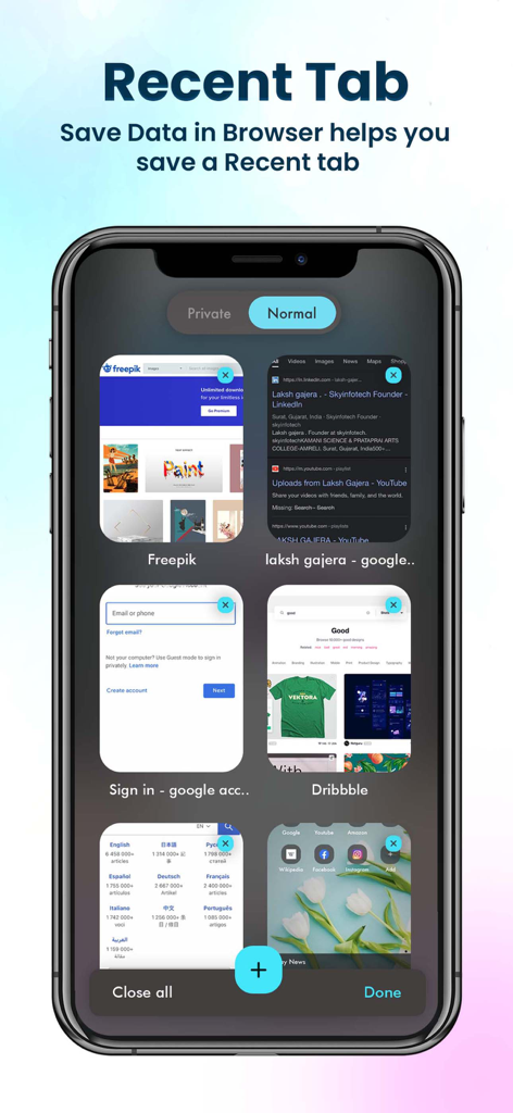 Browser Pro Fast & Secure - Interfaz del gestor de múltiples pestañas en Browser Pro mostrando una cuadrícula de páginas web abiertas con un interruptor para modos privado y normal