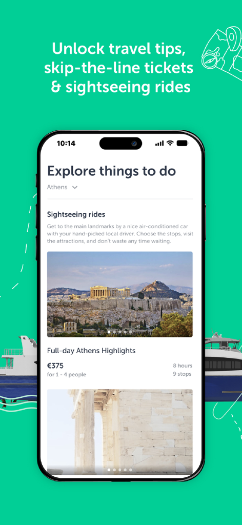 Pantalla de la aplicación Welcome Pickups que muestra opciones de paseos turísticos y lo más destacado de tours de día completo en Atenas.