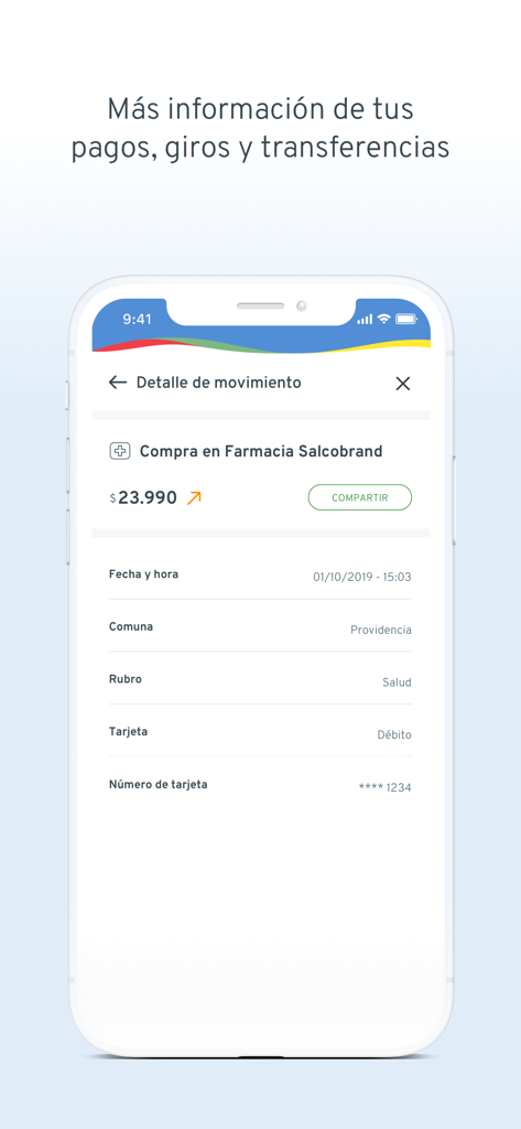 Aplicación de banca móvil Bci mostrando un registro detallado de una transacción de compra con tarjeta de débito