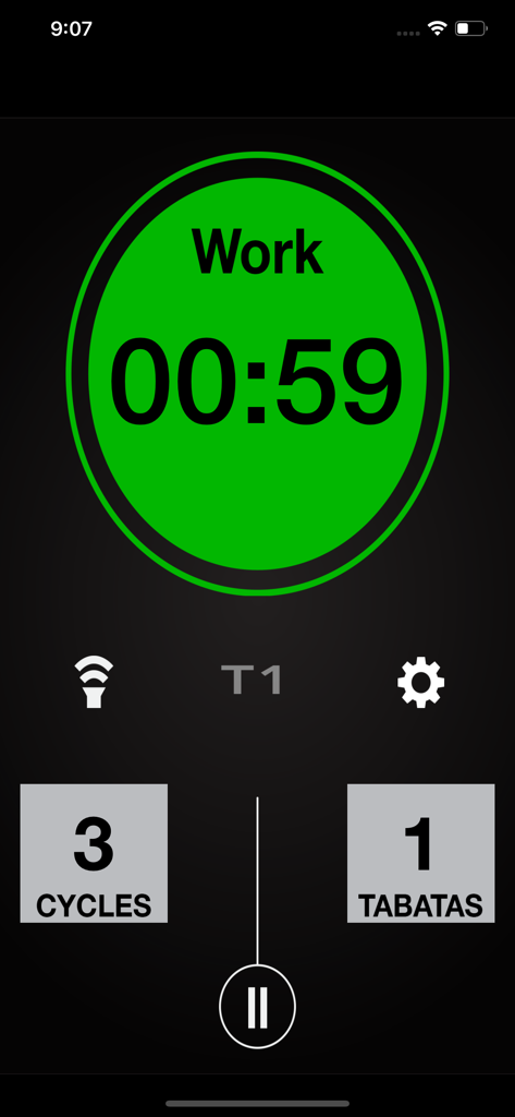 Interfaz de la aplicación Tabata Timer Pro que muestra un intervalo de trabajo de 59 segundos con contadores de ciclos y tabatas