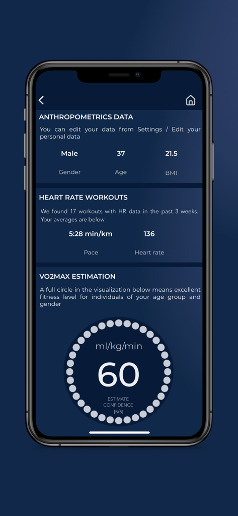 HRV4Training app screen showing user anthropometrics, heart rate workout averages, and a VO2max estimation of 60