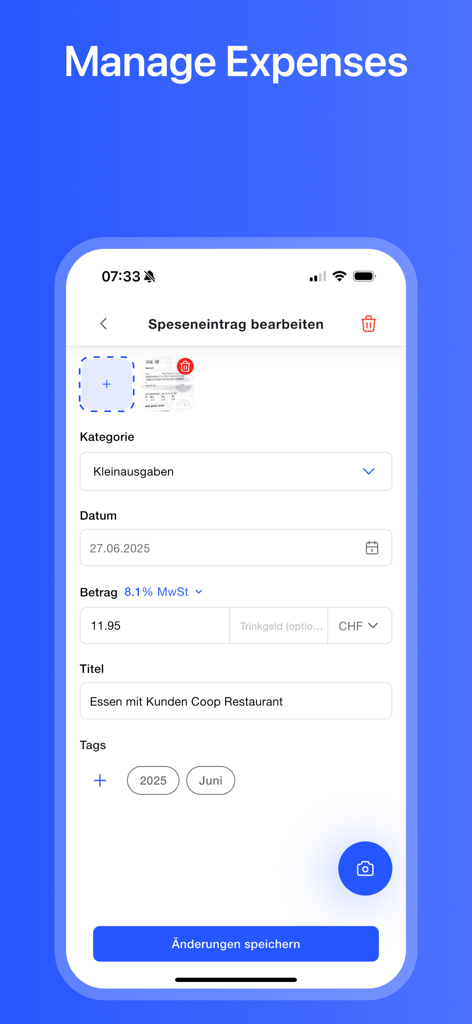 Easy Travel Expenses - Mobiler Bildschirm zur Verwaltung und Bearbeitung von Geschäftsausgaben, einschliesslich Feldern für Kategorie, Datum, Betrag und Tags