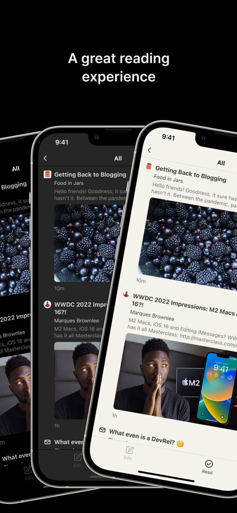 Feedbin app on iPhone showing a minimalist news and article feed.