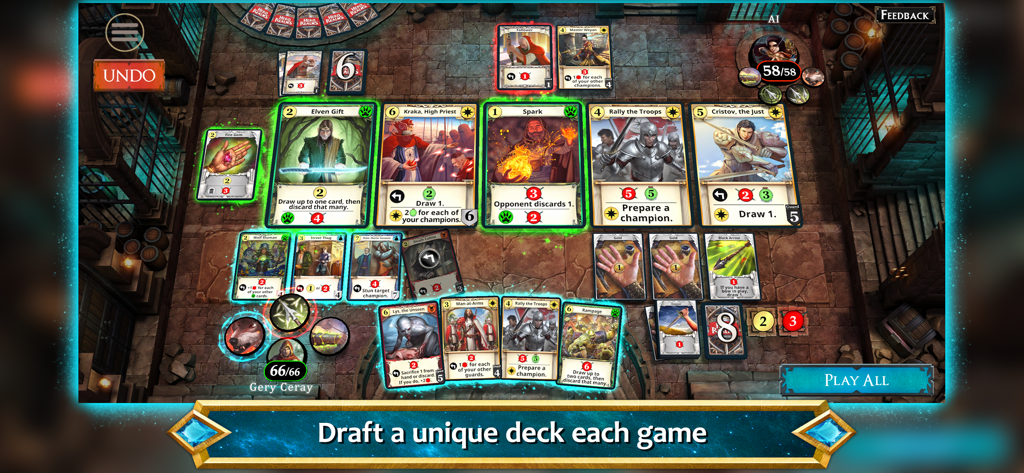 Gameplay of Hero Realms showing a fantasy deck-building card game interface with tactical hero cards and character health