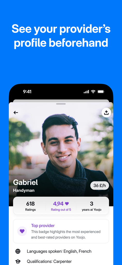 Yoojo – Home Services - A profile screen on the Yoojo app for a handyman showing his ratings and qualifications