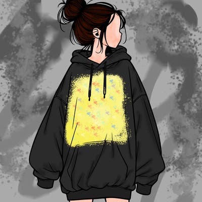 realistic girl with a oversized sweatshirt on and a bun