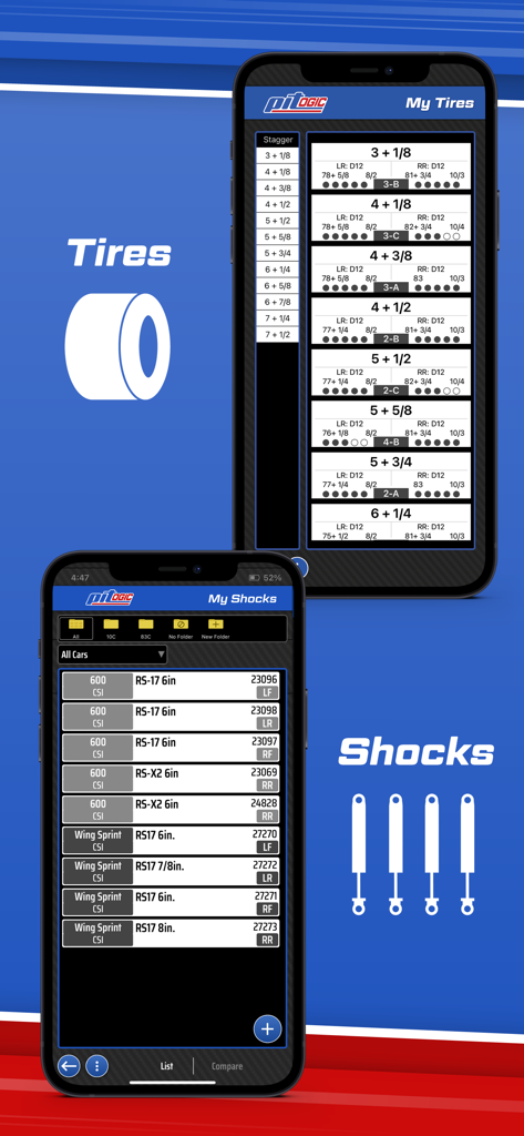 PitLogic - PitLogic app interface showing tire stagger data and shock inventory list for race car setup
