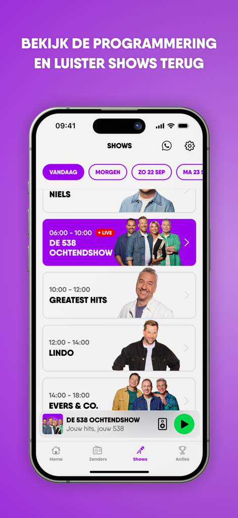 538 - Radio 538 mobile app screen showing the daily radio show schedule and presenters