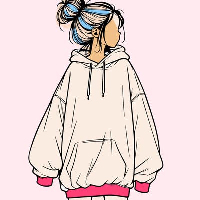 realistic girl with a oversized sweatshirt on and a bun