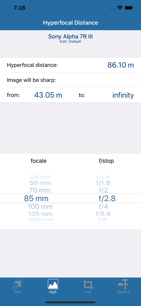Hyperfokale Distanzberechnung im DoF plus App für Sony Alpha 7R III