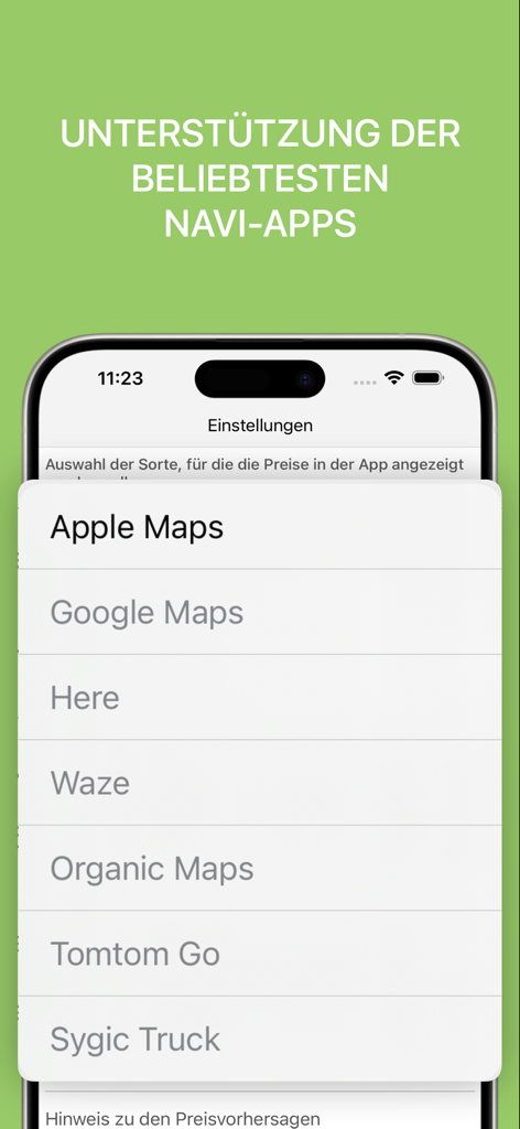 Lista de aplicaciones de navegación compatibles como Apple Maps y Google Maps en la configuración de benzinpreis
