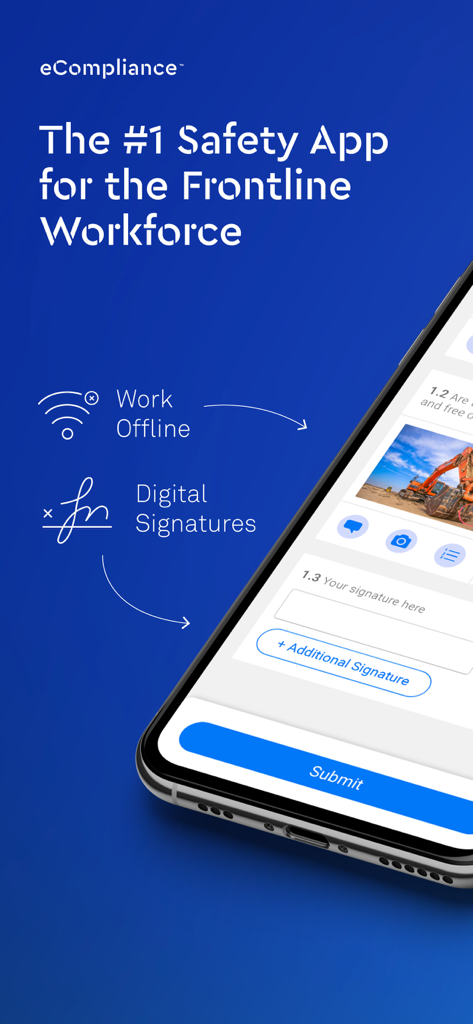 eCompliance – Safety App - Screenshot of the eCompliance safety app highlighting work offline and digital signatures features for frontline workers.