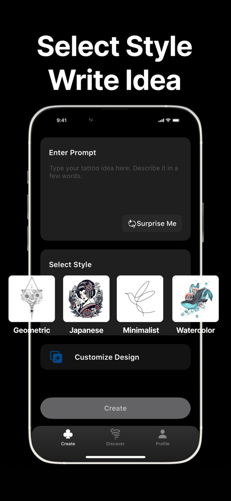 Ink AI: Tattoo Generator - Ink AI app screen showing tattoo style selection and prompt input for custom designs