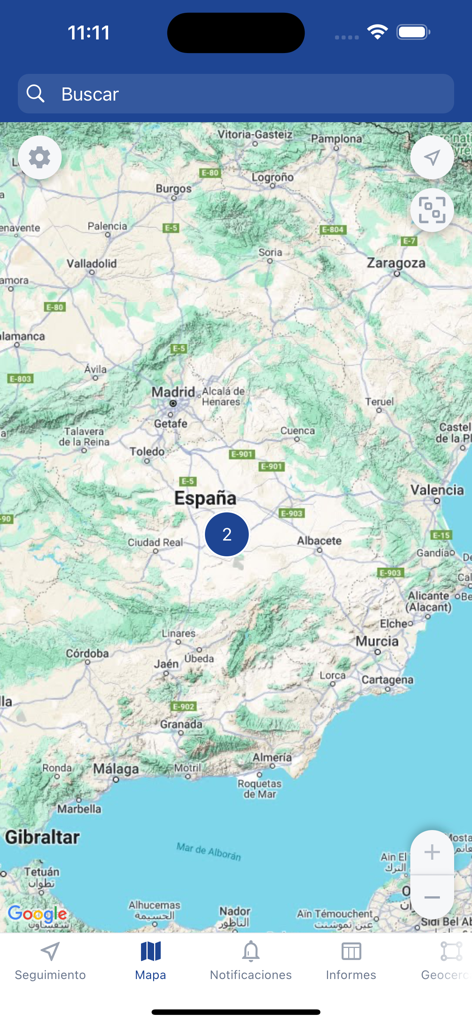 Loclog Pro Flottenmanagement-App-Oberfläche, die Echtzeit-Fahrzeugverfolgung auf einer Karte von Spanien anzeigt