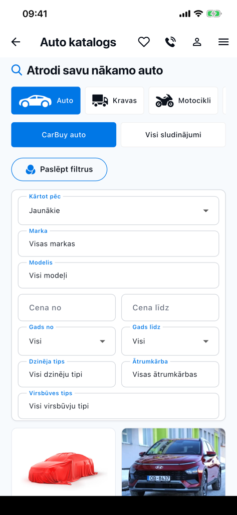 CarBuy - CarBuy app search interface with detailed filters for vehicle make model price and year